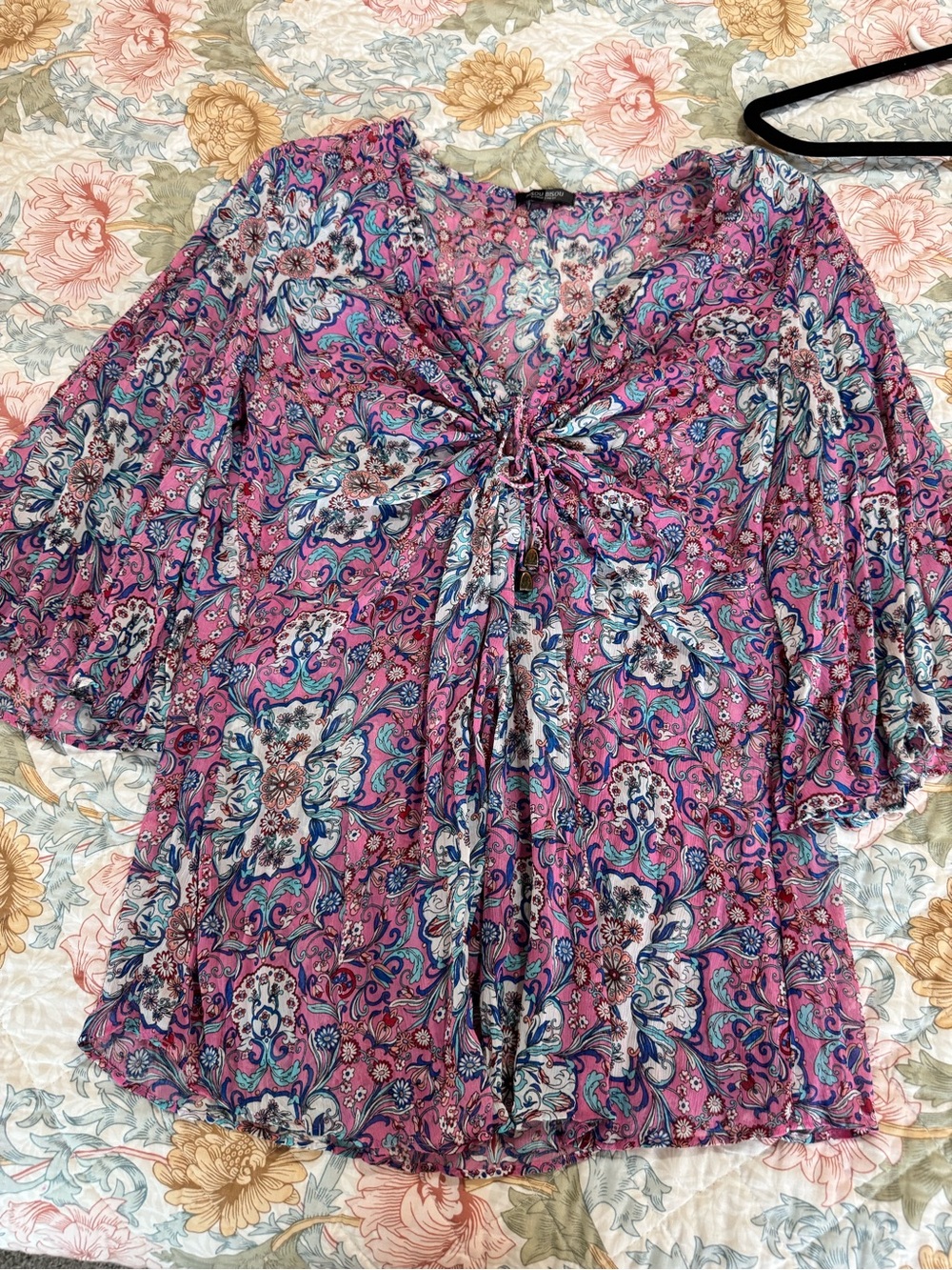 Y2KWomen’s Pink Floral Bisou-Bisou Tie-Front Blouse